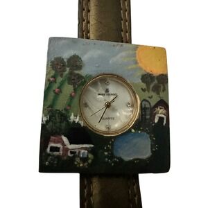 Marie Lourdes Quartz Watch Gold Tone Country Scene Square Face Ladies